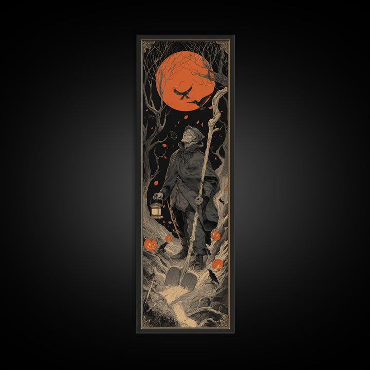The Lantern Gravedigger, Tall Narrow Wall Art, Macabre Wall Art, Framed Canvas Print, Halloween Wall Decor, Gothic Home Decor