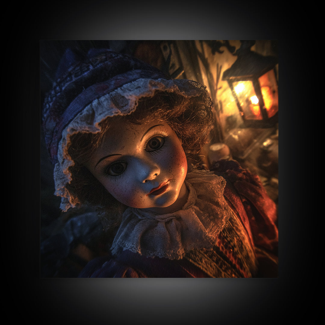 The Haunted Porcelain Doll, Square Wall Art, Gothic Horror Wall Art, Framed Canvas Print, Halloween Wall Decor, Gothic Home Decor