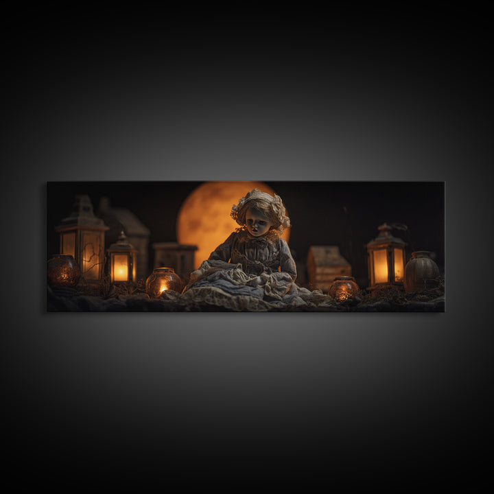 The Haunted Porcelain Doll, Extra Wide Wall Art, Macabre Wall Art, Framed Canvas Print, Halloween Wall Decor, Gothic Home Decor