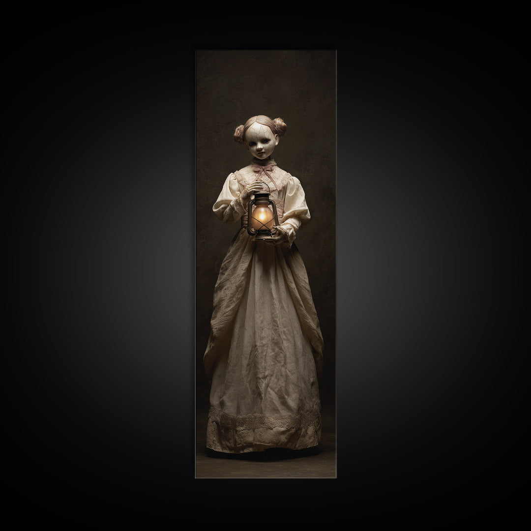 The Haunted Porcelain Doll, Tall Narrow Wall Art, Macabre Wall Art, Framed Canvas Print, Halloween Wall Decor, Gothic Home Decor