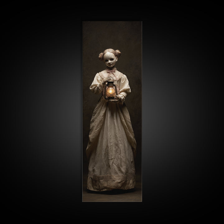 The Haunted Porcelain Doll, Tall Narrow Wall Art, Macabre Wall Art, Framed Canvas Print, Halloween Wall Decor, Gothic Home Decor