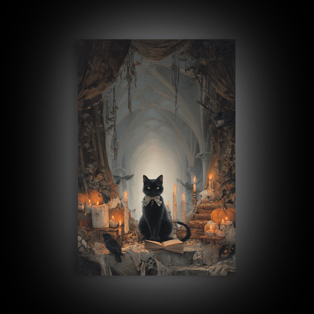 The Black Cat Familiar, Vertical Wall Art, Gothic Horror Wall Art, Framed Canvas Print, Halloween Wall Decor, Gothic Home Decor