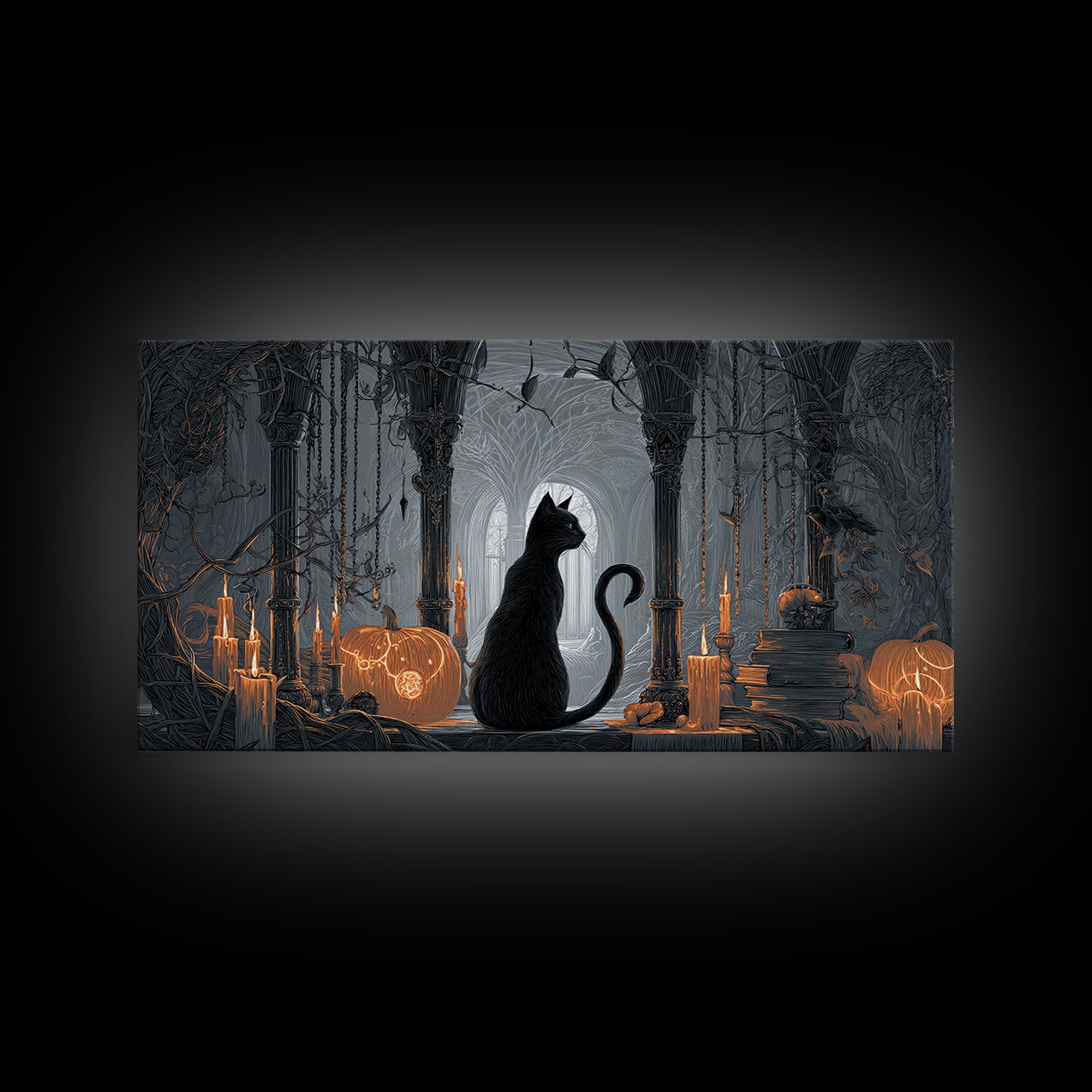 The Black Cat Familiar, Wide Panoramic Art, Haunted Gothic Art, Framed Canvas Print, Halloween Wall Decor, Gothic Home Decor