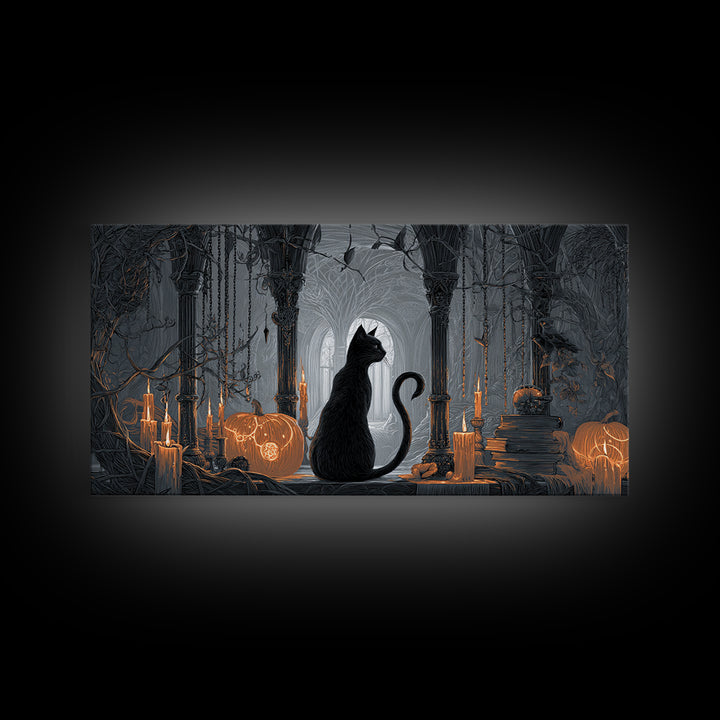 The Black Cat Familiar, Wide Panoramic Art, Haunted Gothic Art, Framed Canvas Print, Halloween Wall Decor, Gothic Home Decor