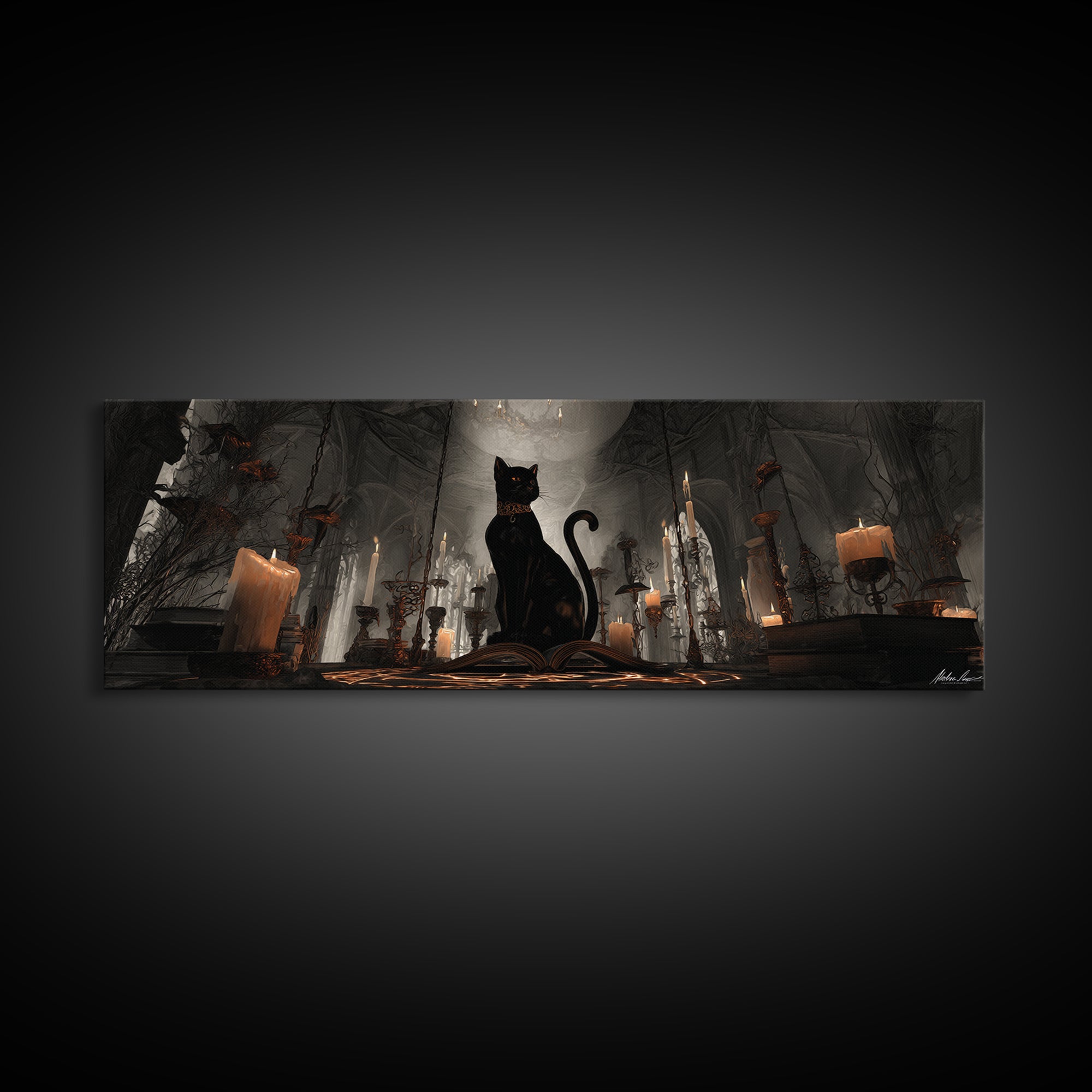 The Black Cat Familiar, Extra Wide Wall Art, Spooky Home Decor, Canvas Print, Halloween Wall Decor, Gothic Home Decor, Spooky Wall Decor