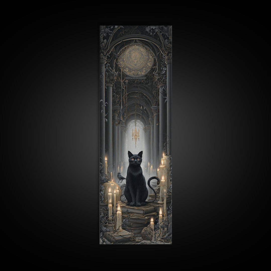 The Black Cat Familiar, Tall Narrow Wall Art, Dark Fantasy Wall Art, Canvas Print, Halloween Wall Decor, Gothic Home Decor