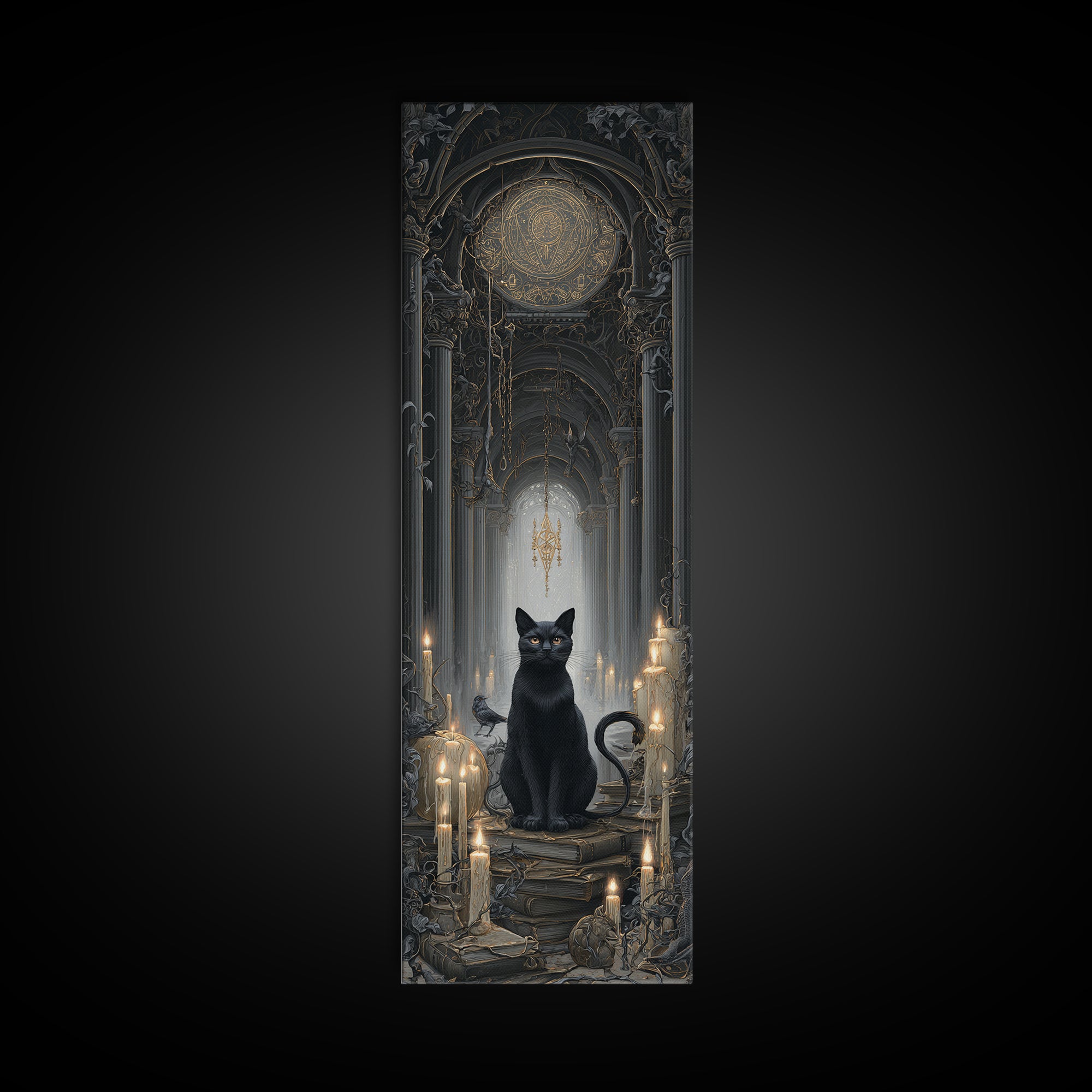 The Black Cat Familiar, Tall Narrow Wall Art, Dark Fantasy Wall Art, Canvas Print, Halloween Wall Decor, Gothic Home Decor