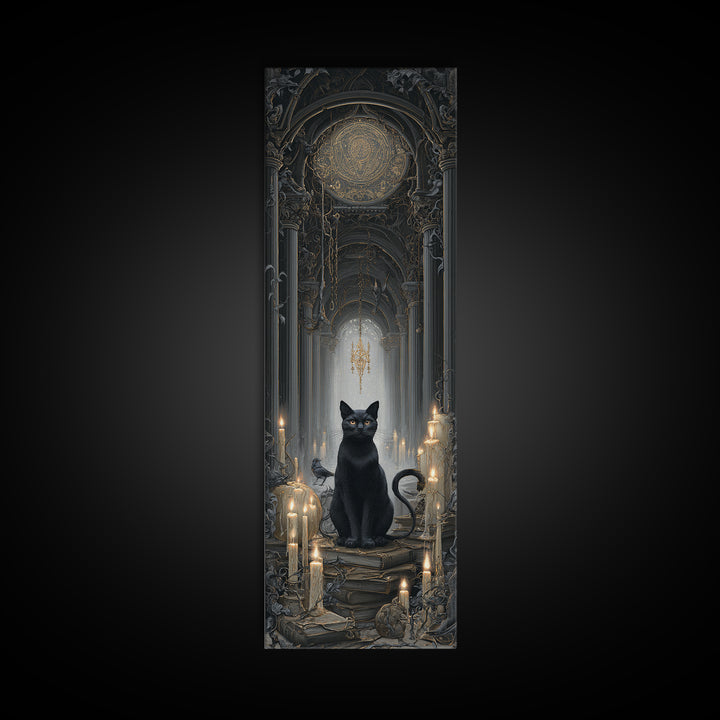 The Black Cat Familiar, Tall Narrow Wall Art, Dark Fantasy Wall Art, Canvas Print, Halloween Wall Decor, Gothic Home Decor