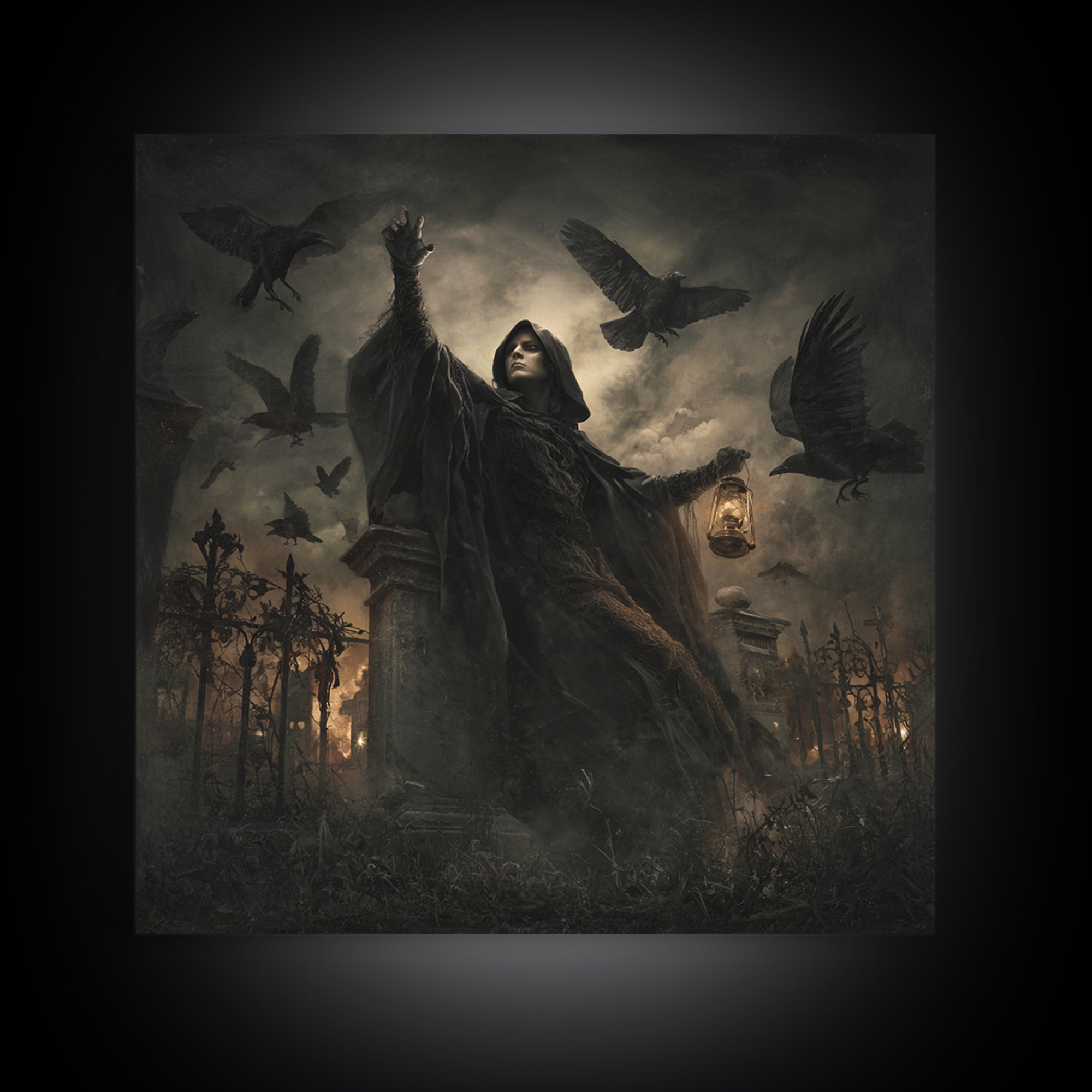 The Raven Keeper, Square Wall Art, Macabre Wall Art, Framed Canvas Print, Halloween Wall Decor, Gothic Home Decor, Halloween Wall Art