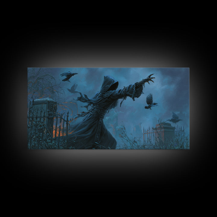The Raven Keeper, Wide Panoramic Art, Dark Halloween Decor, Canvas Print, Halloween Wall Decor, Gothic Home Decor, Horror Wall Art