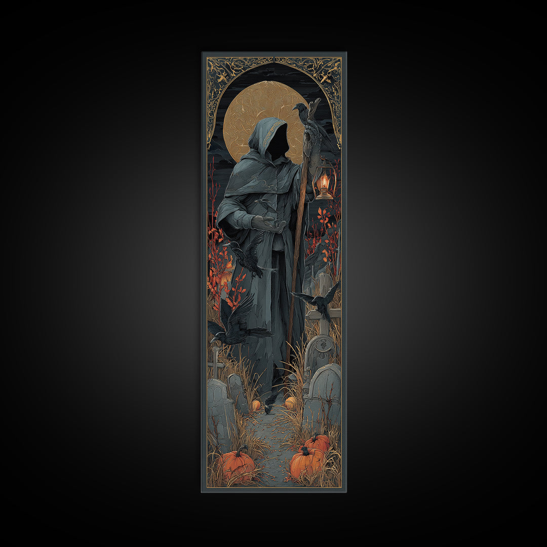 The Raven Keeper, Tall Narrow Wall Art, Haunted Gothic Art, Framed Canvas Print, Halloween Wall Decor, Gothic Home Decor, Halloween Wall Art