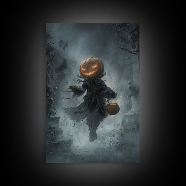 The Pumpkin-Headed Child, Vertical Wall Art, Haunted Gothic Art, Framed Canvas Print, Halloween Wall Decor, Gothic Home Decor