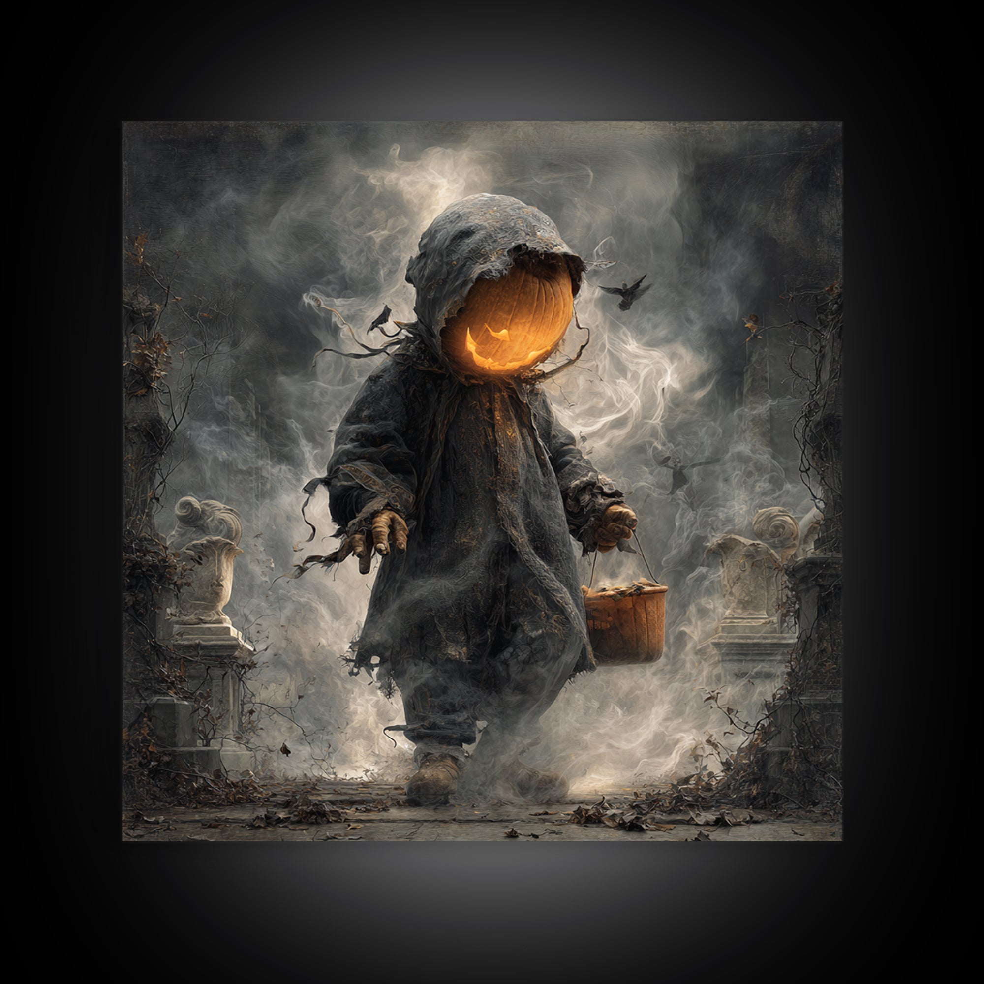 The Pumpkin-Headed Child, Square Wall Art, Haunted Gothic Art, Framed Canvas Print, Halloween Wall Decor, Gothic Home Decor