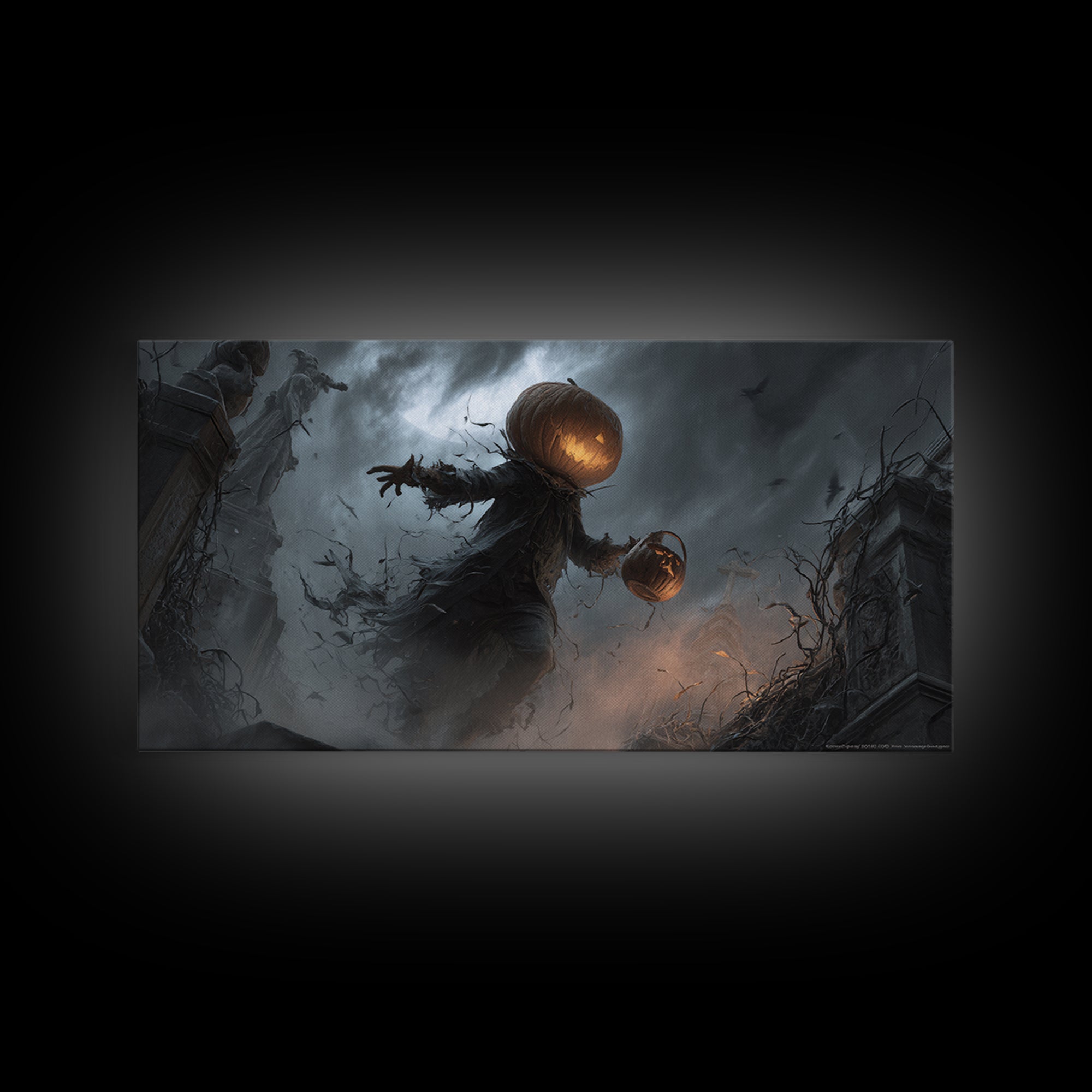 The Pumpkin-Headed Child, Wide Panoramic Art, Gothic Horror Wall Art, Framed Canvas Print, Halloween Wall Decor, Gothic Home Decor