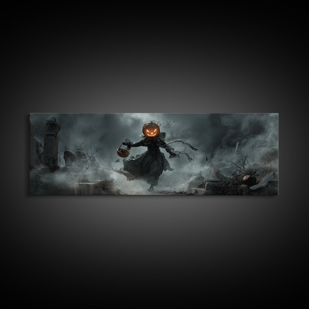 The Pumpkin-Headed Child, Extra Wide Wall Art, Dark Fantasy Wall Art, Canvas Print, Halloween Wall Decor, Gothic Home Decor