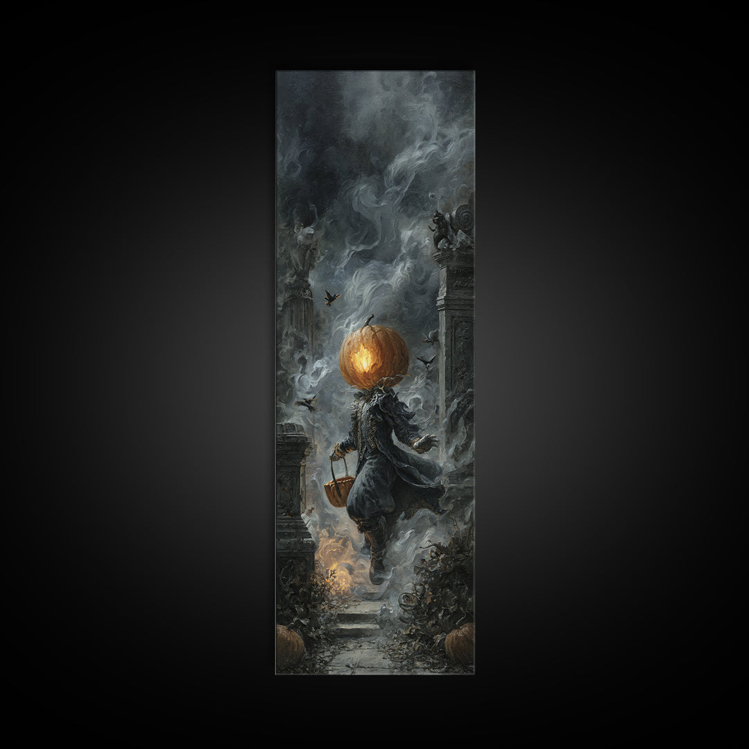 The Pumpkin-Headed Child, Tall Narrow Wall Art, Haunted Gothic Art, Framed Canvas Print, Halloween Wall Decor, Gothic Home Decor