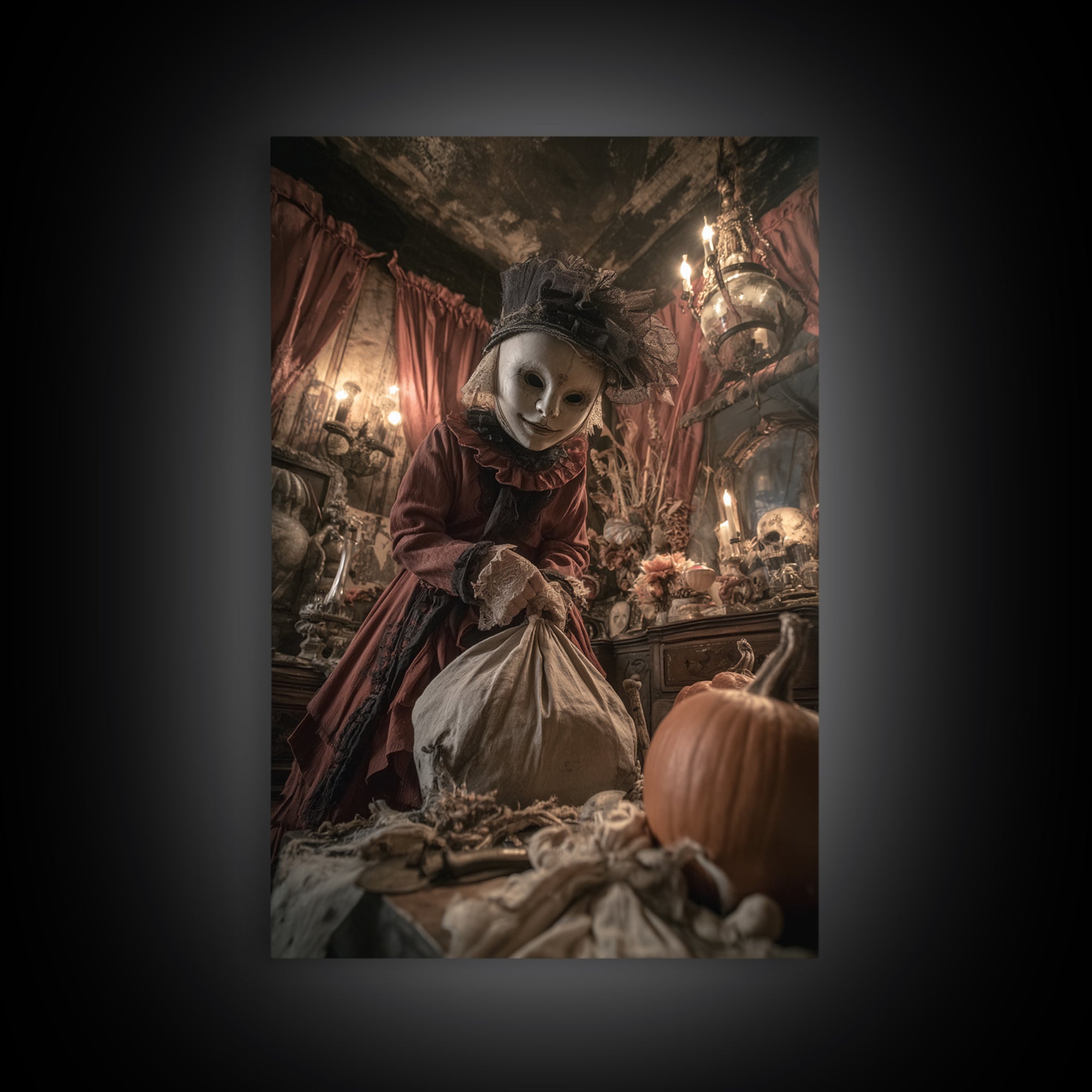 The Masked Candy Collector, Vertical Wall Art, Spooky Home Decor, Canvas Print, Halloween Wall Decor, Gothic Home Decor, Spooky Wall Decor