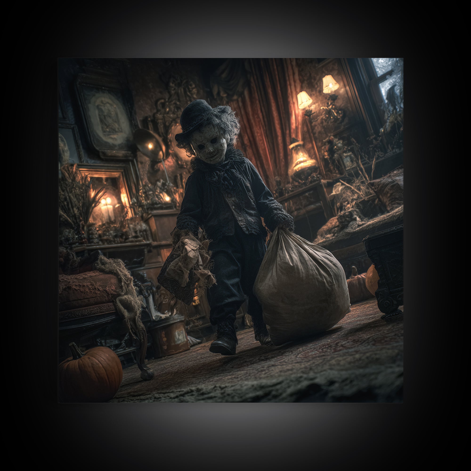 The Masked Candy Collector, Square Wall Art, Macabre Wall Art, Framed Canvas Print, Halloween Wall Decor, Gothic Home Decor