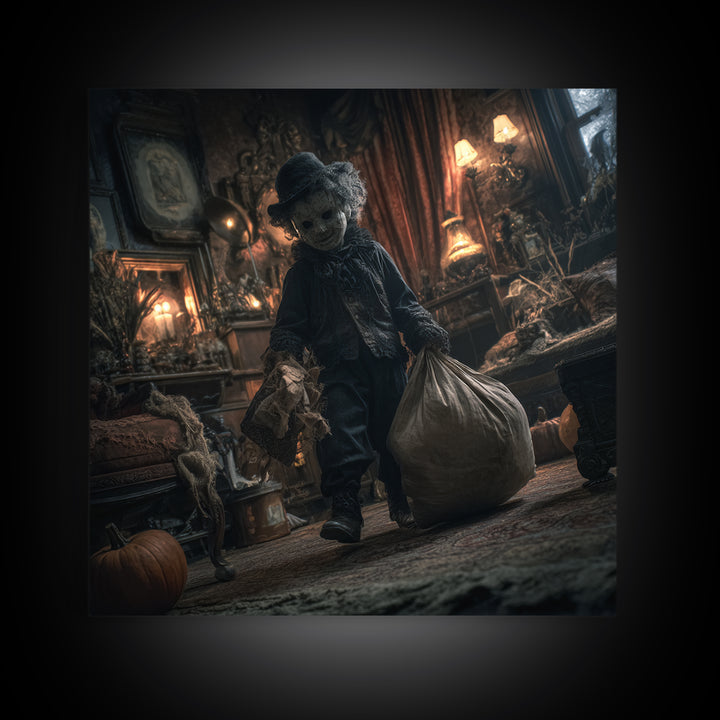 The Masked Candy Collector, Square Wall Art, Macabre Wall Art, Framed Canvas Print, Halloween Wall Decor, Gothic Home Decor