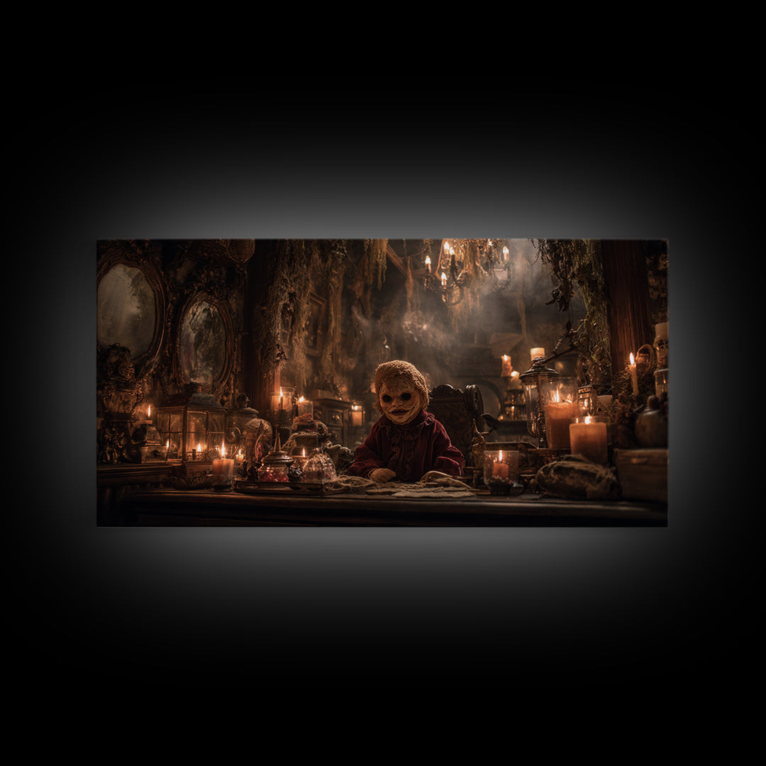 The Masked Candy Collector, Wide Panoramic Art, Dark Fantasy Wall Art, Canvas Print, Halloween Wall Decor, Gothic Home Decor