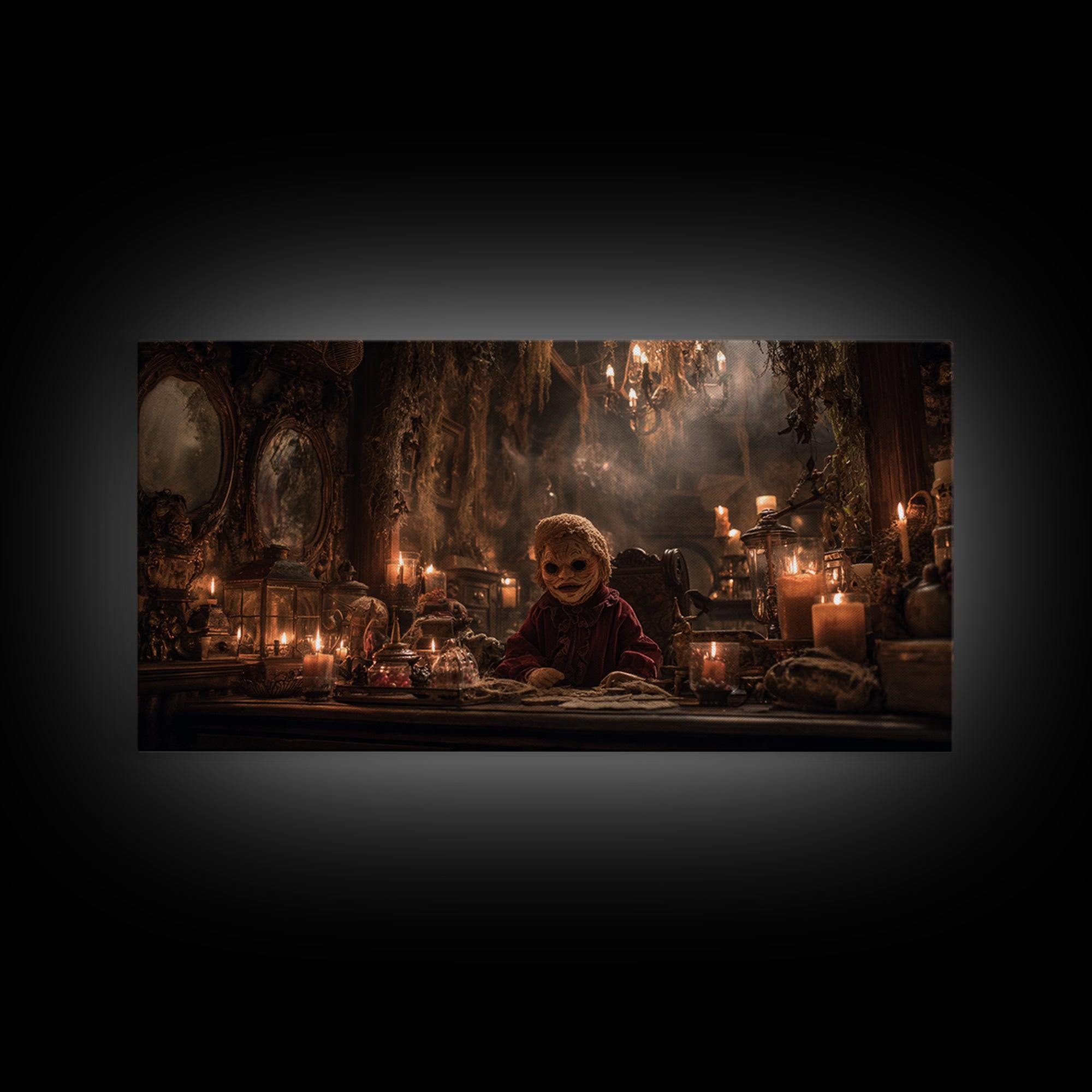 The Masked Candy Collector, Wide Panoramic Art, Dark Fantasy Wall Art, Canvas Print, Halloween Wall Decor, Gothic Home Decor