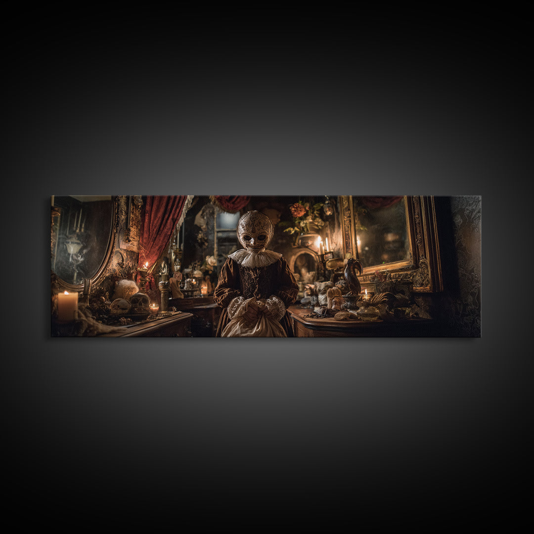 The Masked Candy Collector, Extra Wide Wall Art, Macabre Wall Art, Framed Canvas Print, Halloween Wall Decor, Gothic Home Decor