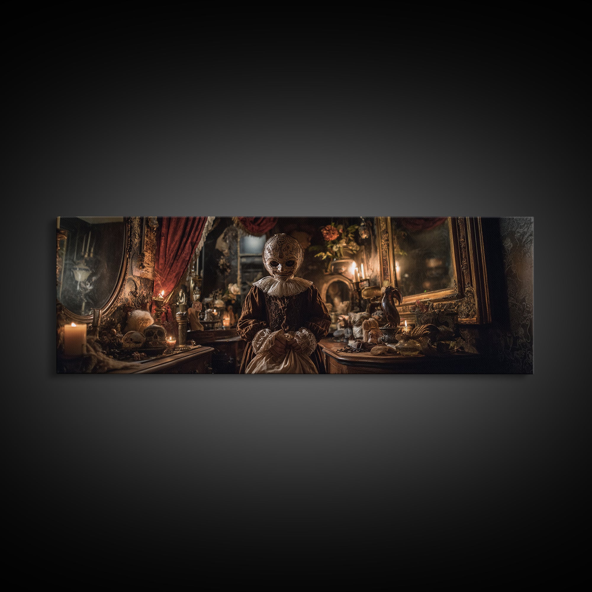 The Masked Candy Collector, Extra Wide Wall Art, Macabre Wall Art, Framed Canvas Print, Halloween Wall Decor, Gothic Home Decor
