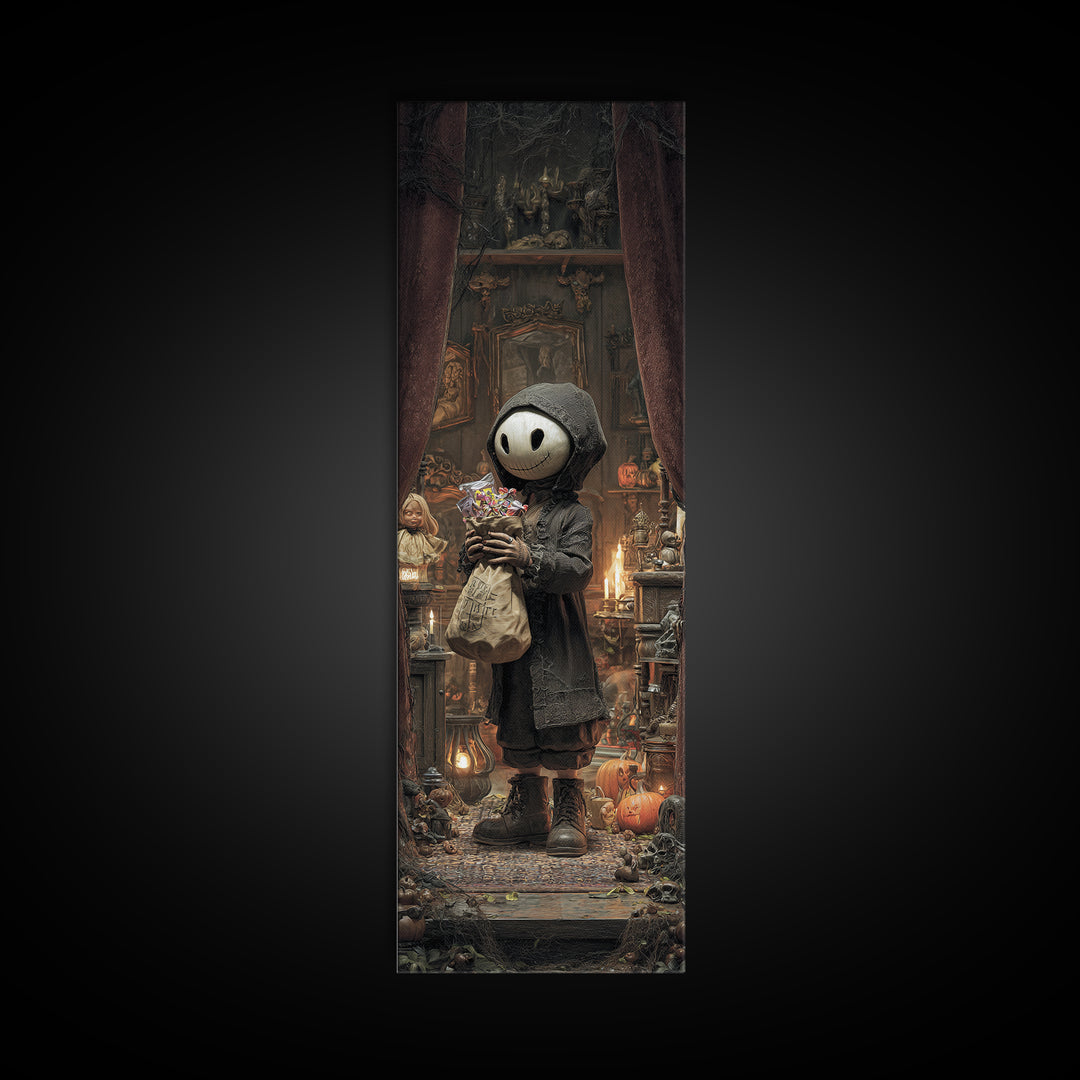The Masked Candy Collector, Tall Narrow Wall Art, Spooky Home Decor, Canvas Print, Halloween Wall Decor, Gothic Home Decor, Horror Wall Art