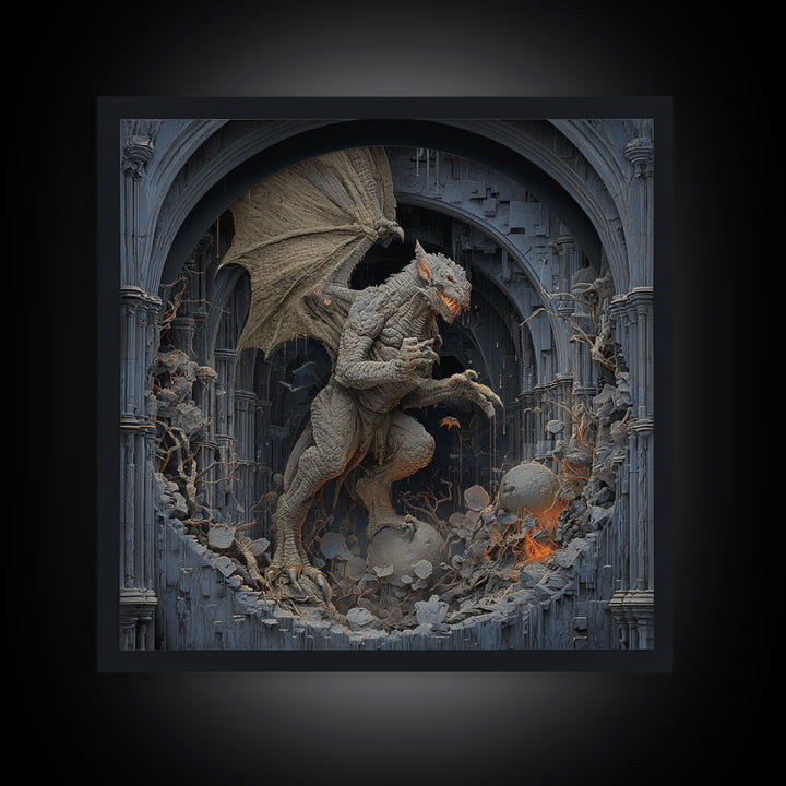 The Gargoyle Sentinel, Square Wall Art, Haunted Gothic Art, Framed Canvas Print, Halloween Wall Decor, Gothic Home Decor, Statement Wall Art