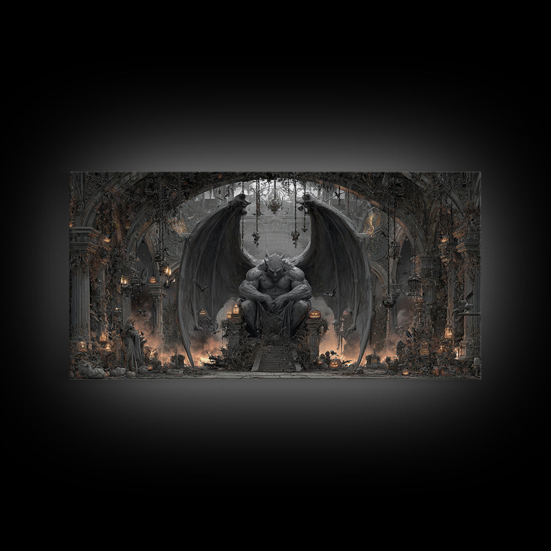 The Gargoyle Sentinel, Wide Panoramic Art, Gothic Horror Wall Art, Framed Canvas Print, Halloween Wall Decor, Gothic Home Decor