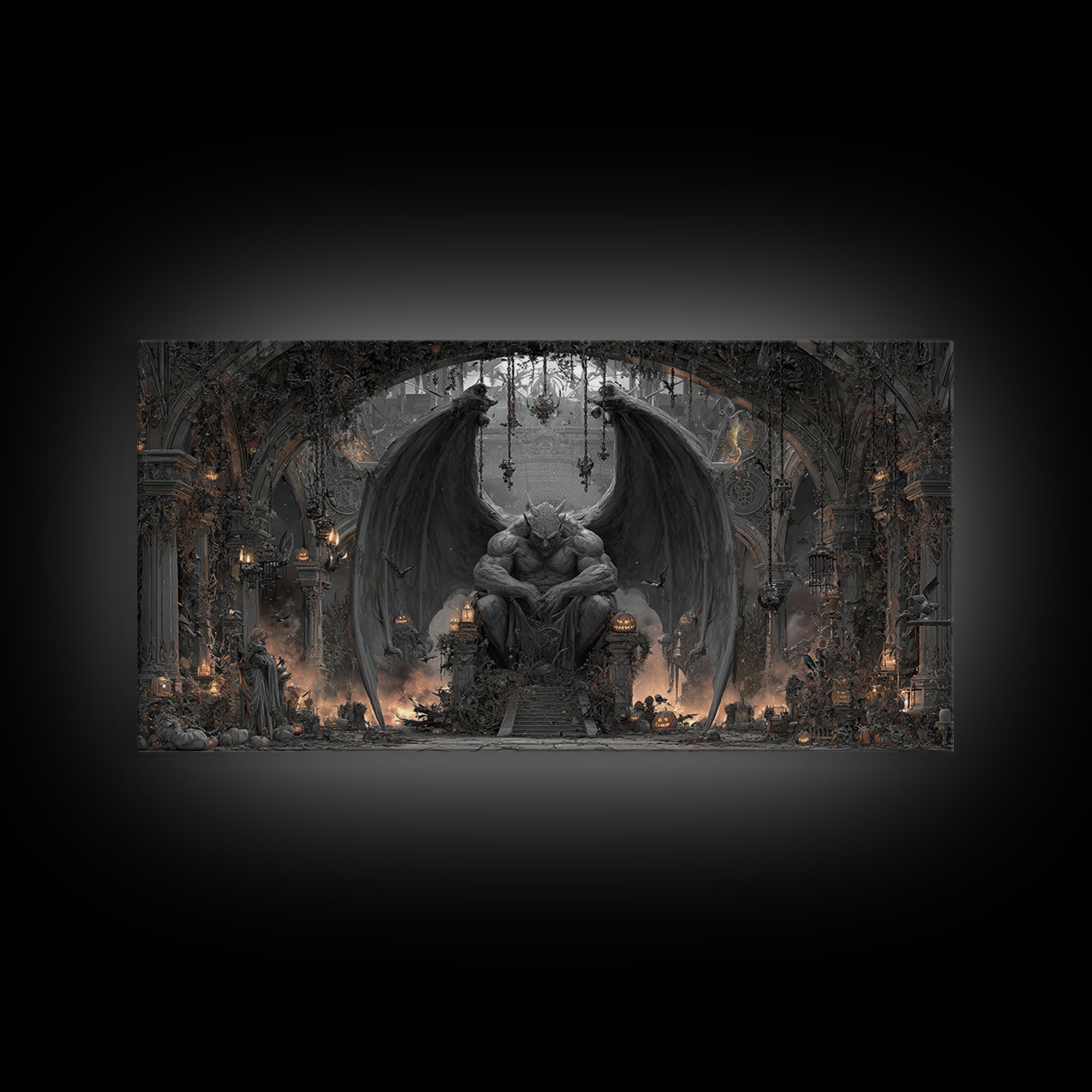 The Gargoyle Sentinel, Wide Panoramic Art, Gothic Horror Wall Art, Framed Canvas Print, Halloween Wall Decor, Gothic Home Decor