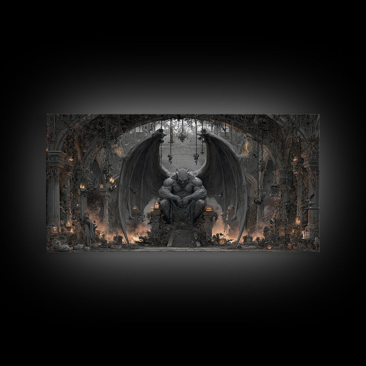 The Gargoyle Sentinel, Wide Panoramic Art, Gothic Horror Wall Art, Framed Canvas Print, Halloween Wall Decor, Gothic Home Decor