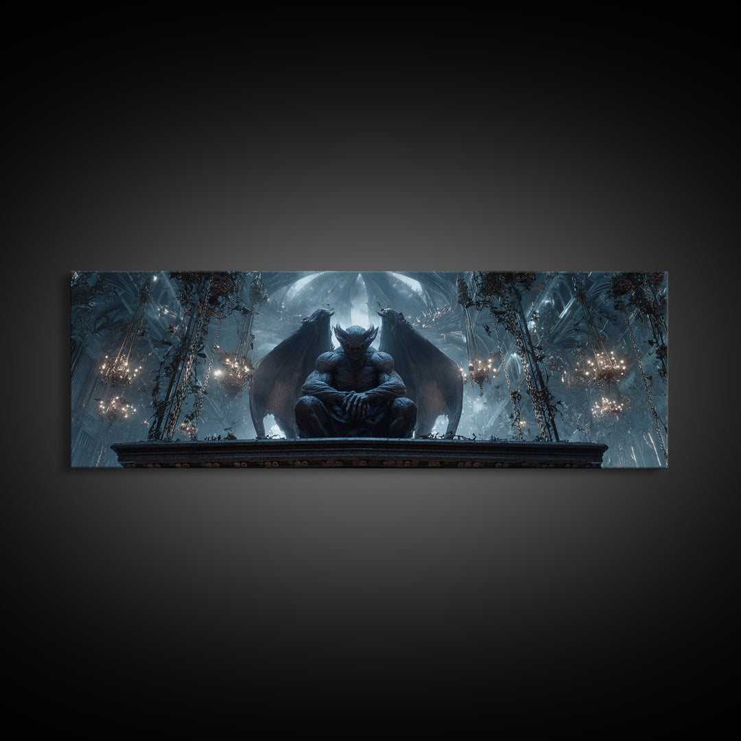 The Gargoyle Sentinel, Extra Wide Wall Art, Macabre Wall Art, Framed Canvas Print, Halloween Wall Decor, Gothic Home Decor, Halloween Decor