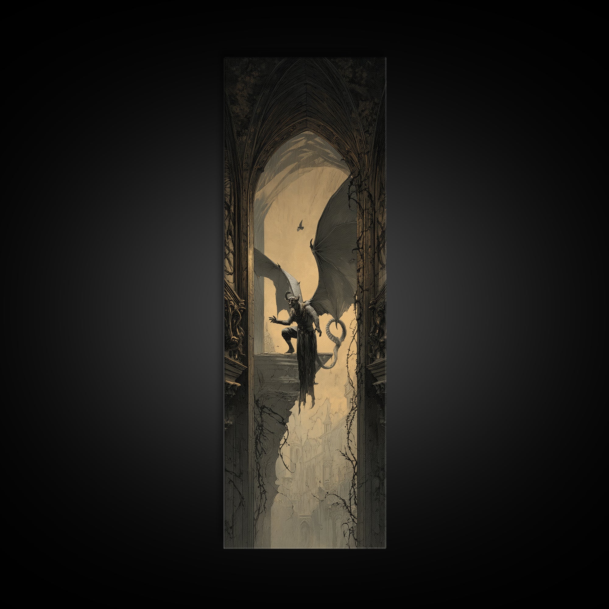 The Gargoyle Sentinel, Tall Narrow Wall Art, Dark Halloween Decor, Canvas Print, Halloween Wall Decor, Gothic Home Decor, Dark Fantasy Art