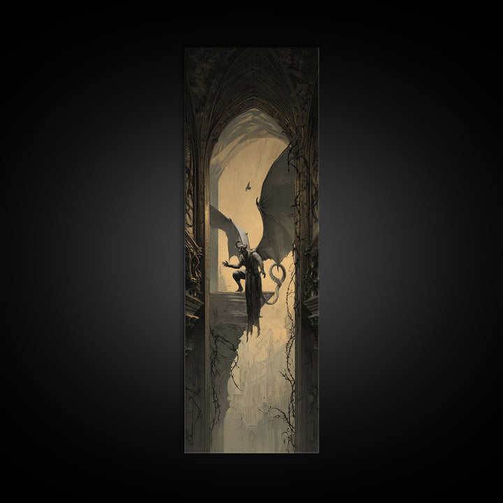The Gargoyle Sentinel, Tall Narrow Wall Art, Dark Halloween Decor, Canvas Print, Halloween Wall Decor, Gothic Home Decor, Dark Fantasy Art
