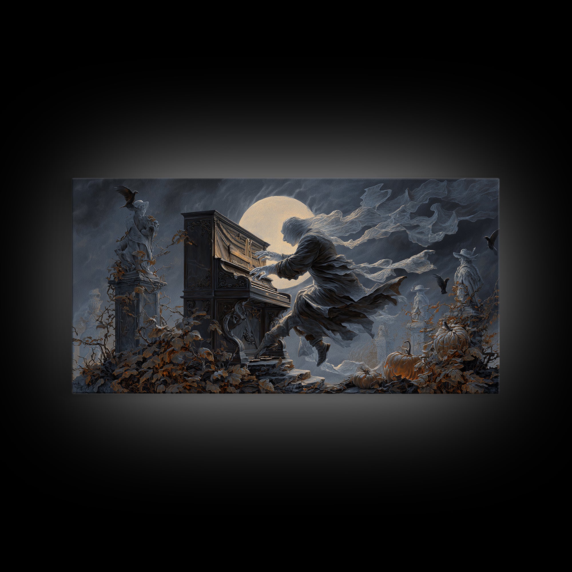 The Phantom Organist, Wide Panoramic Art, Haunted Gothic Art, Framed Canvas Print, Halloween Wall Decor, Gothic Home Decor