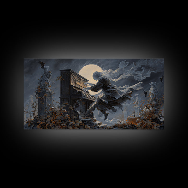 The Phantom Organist, Wide Panoramic Art, Haunted Gothic Art, Framed Canvas Print, Halloween Wall Decor, Gothic Home Decor
