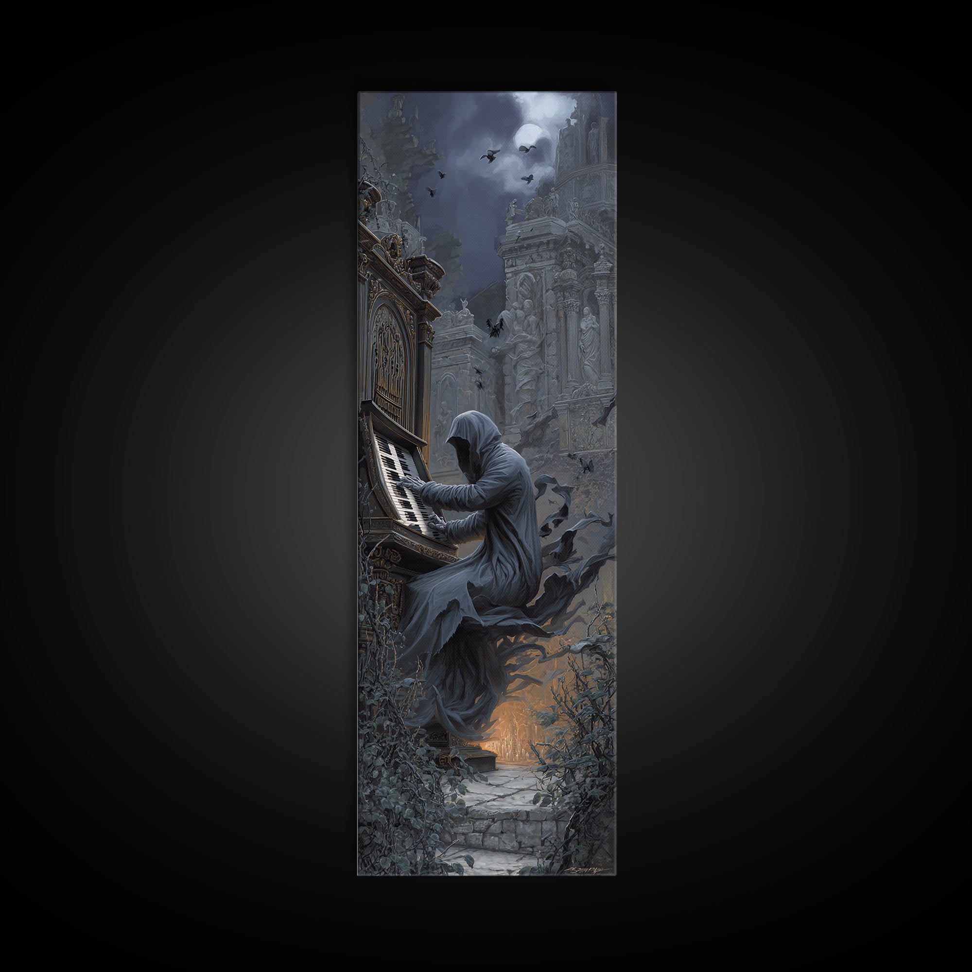 The Phantom Organist, Tall Narrow Wall Art, Haunted Gothic Art, Framed Canvas Print, Halloween Wall Decor, Gothic Home Decor