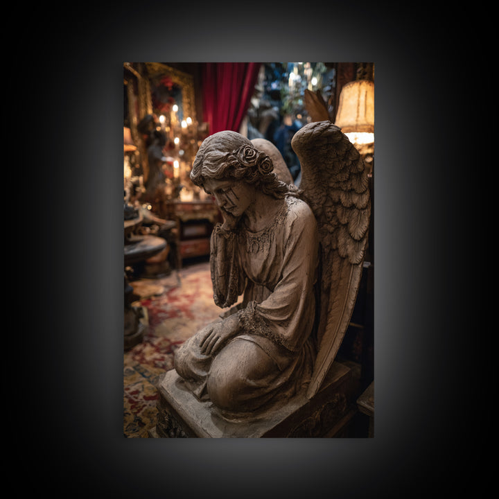 The Weeping Cemetery Angel, Vertical Wall Art, Haunted Gothic Art, Framed Canvas Print, Halloween Wall Decor, Gothic Home Decor