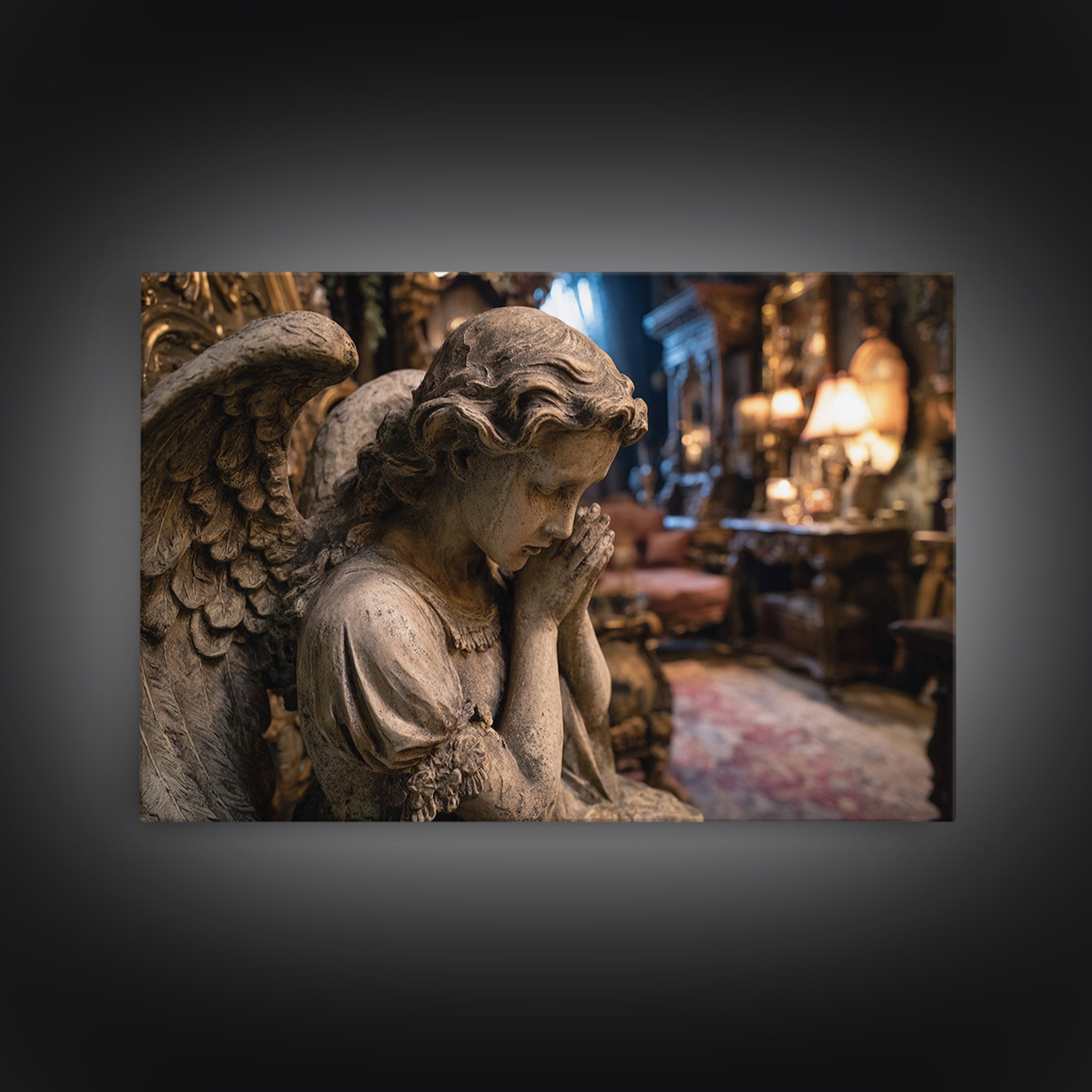 The Weeping Cemetery Angel, Landscape Wall Art, Haunted Gothic Art, Framed Canvas Print, Halloween Wall Decor, Gothic Home Decor