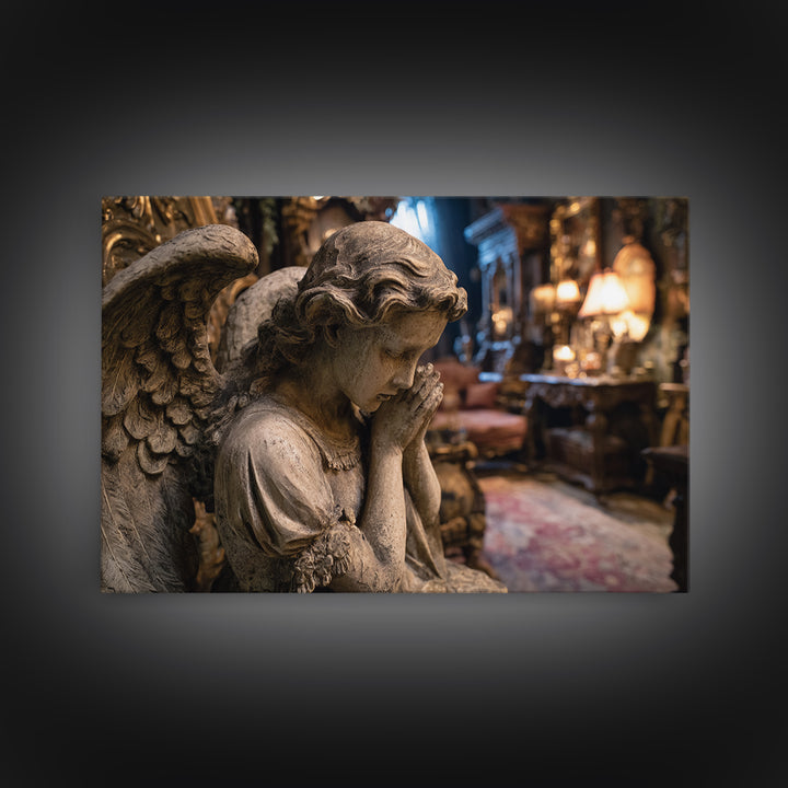The Weeping Cemetery Angel, Landscape Wall Art, Haunted Gothic Art, Framed Canvas Print, Halloween Wall Decor, Gothic Home Decor