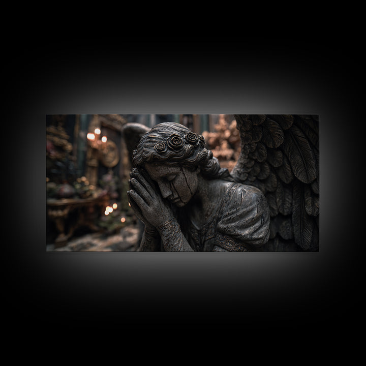 The Weeping Cemetery Angel, Wide Panoramic Art, Dark Fantasy Wall Art, Canvas Print, Halloween Wall Decor, Gothic Home Decor