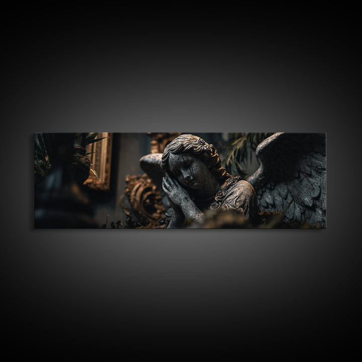 The Weeping Cemetery Angel, Extra Wide Wall Art, Macabre Wall Art, Framed Canvas Print, Halloween Wall Decor, Gothic Home Decor