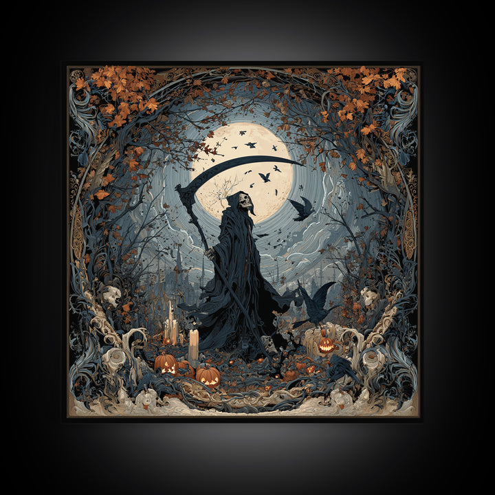 The Fog-Bound Reaper, Square Wall Art, Macabre Wall Art, Framed Canvas Print, Halloween Wall Decor, Gothic Home Decor, Horror Wall Art