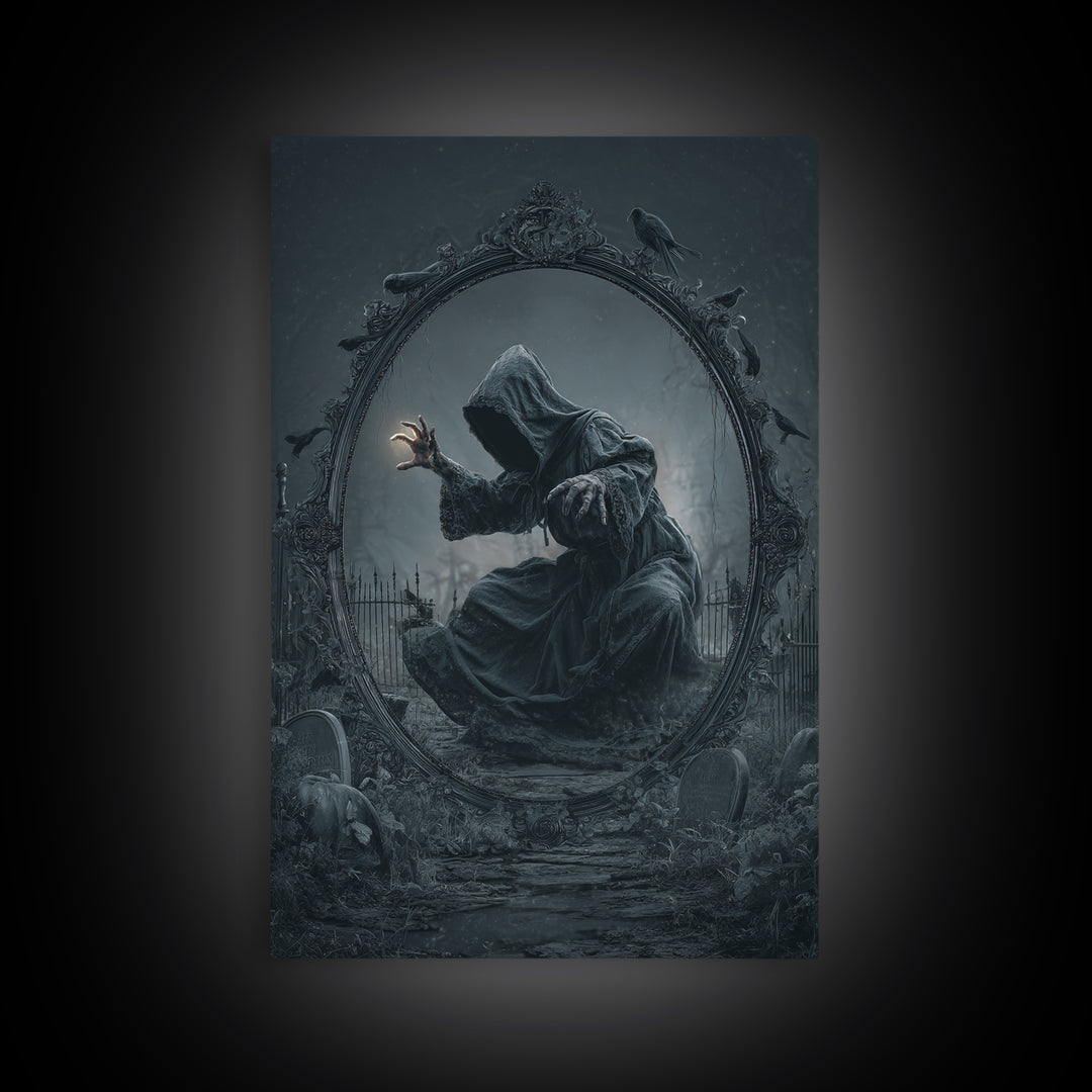 The Mirror Spirit, Vertical Wall Art, Gothic Horror Wall Art, Framed Canvas Print, Halloween Wall Decor, Gothic Home Decor, Macabre Wall Art