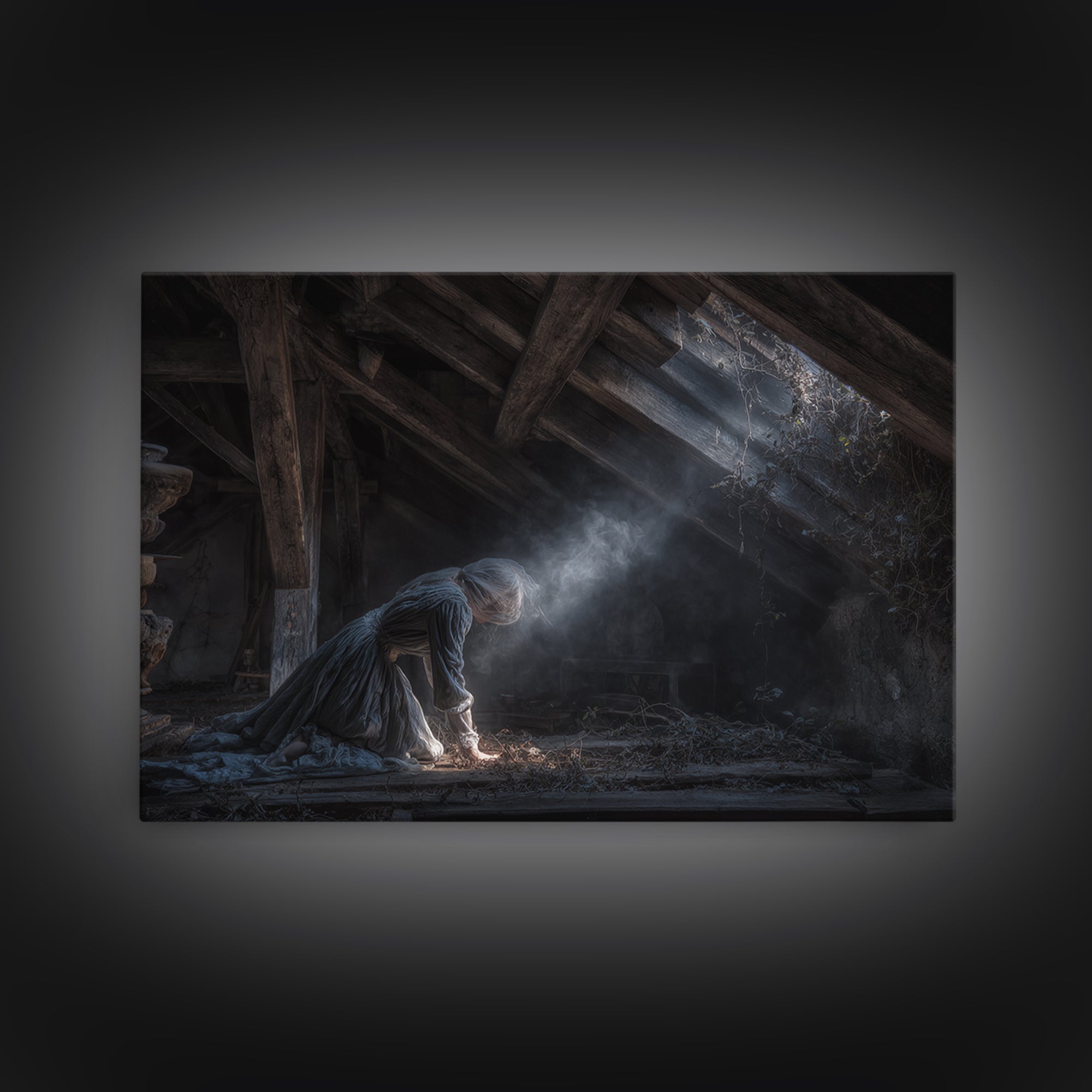 The Attic Whisperer, Landscape Wall Art, Haunted Gothic Art, Framed Canvas Print, Halloween Wall Decor, Gothic Home Decor, Horror Wall Art