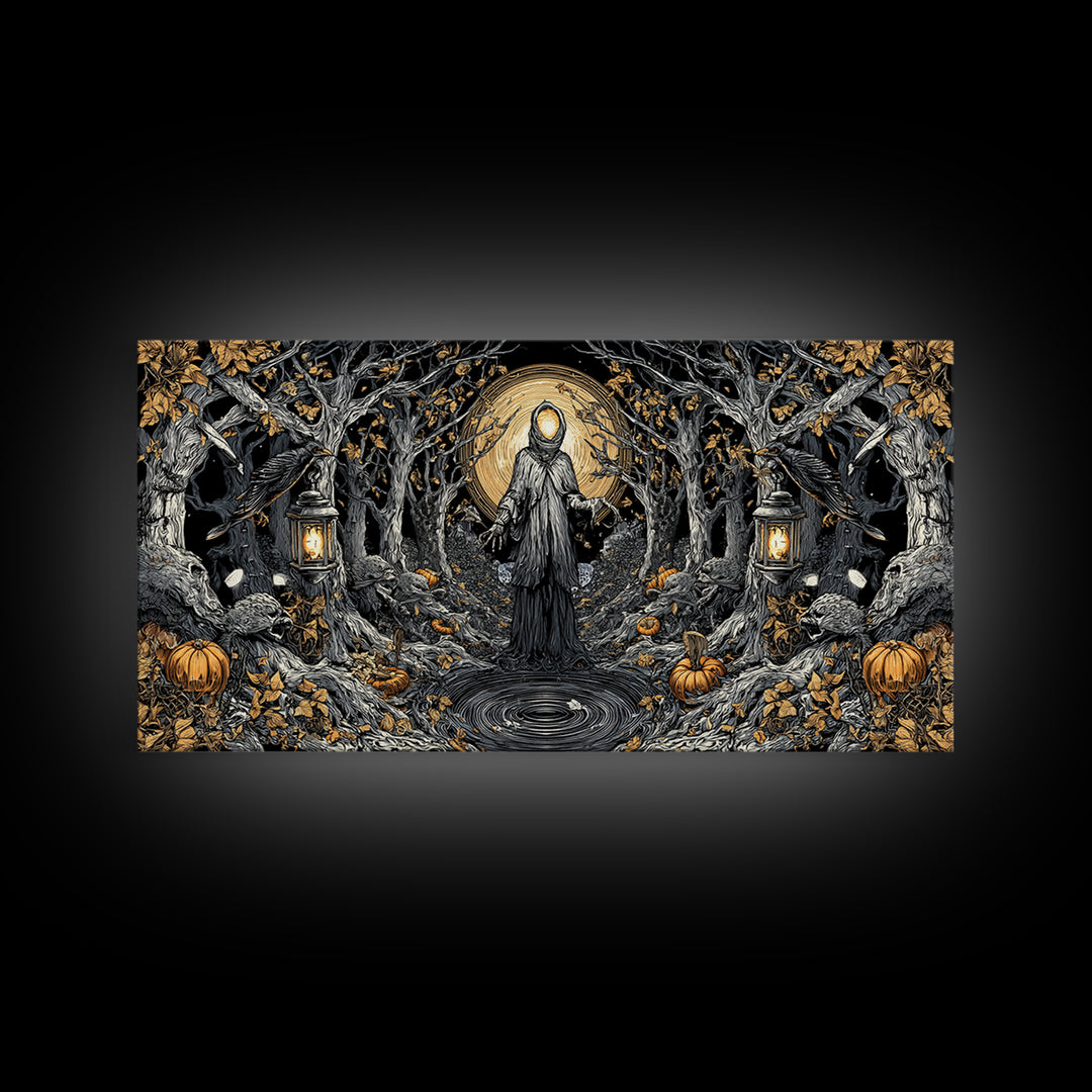 The Lantern Specter, Wide Panoramic Art, Gothic Horror Wall Art, Framed Canvas Print, Halloween Wall Decor, Gothic Home Decor