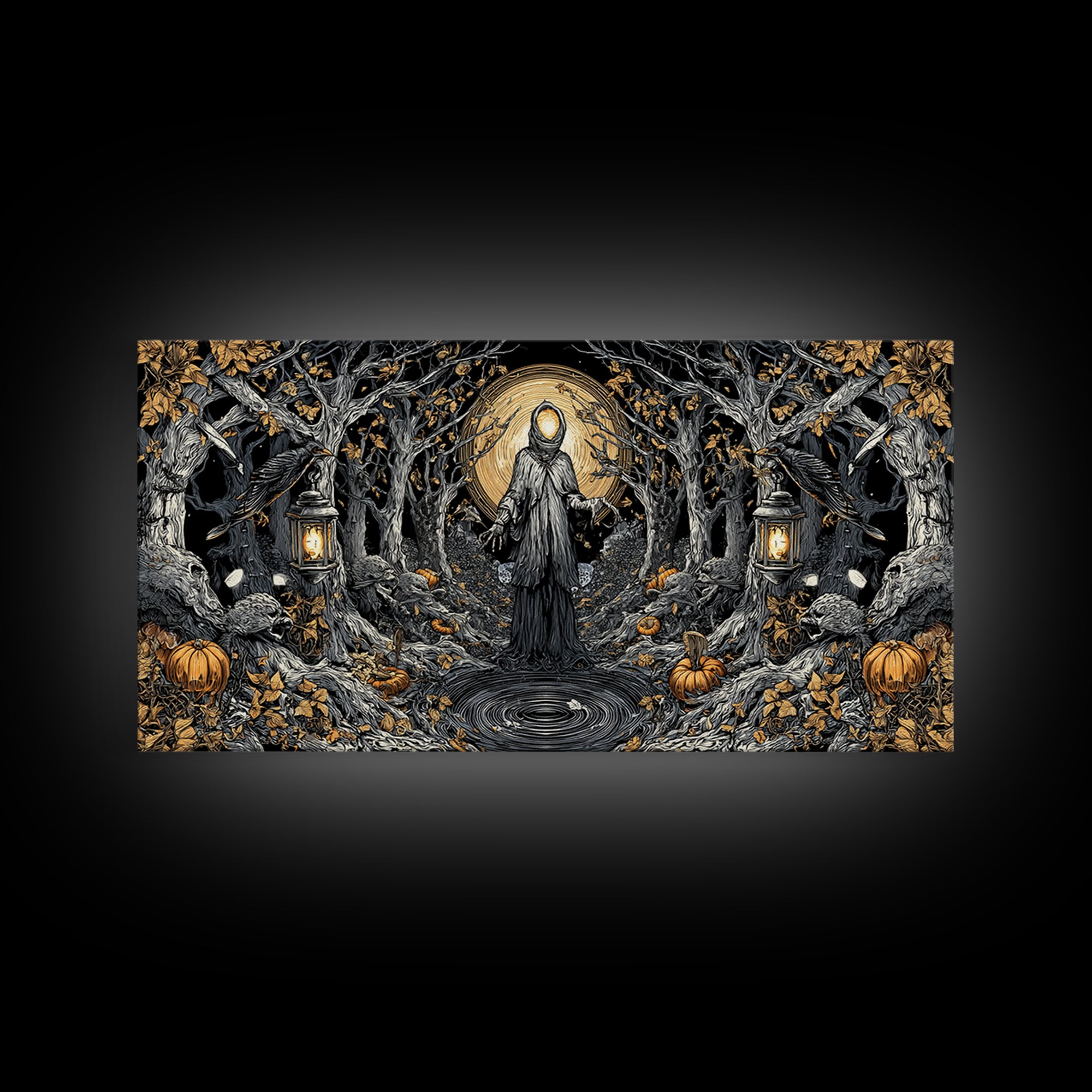 The Lantern Specter, Wide Panoramic Art, Gothic Horror Wall Art, Framed Canvas Print, Halloween Wall Decor, Gothic Home Decor
