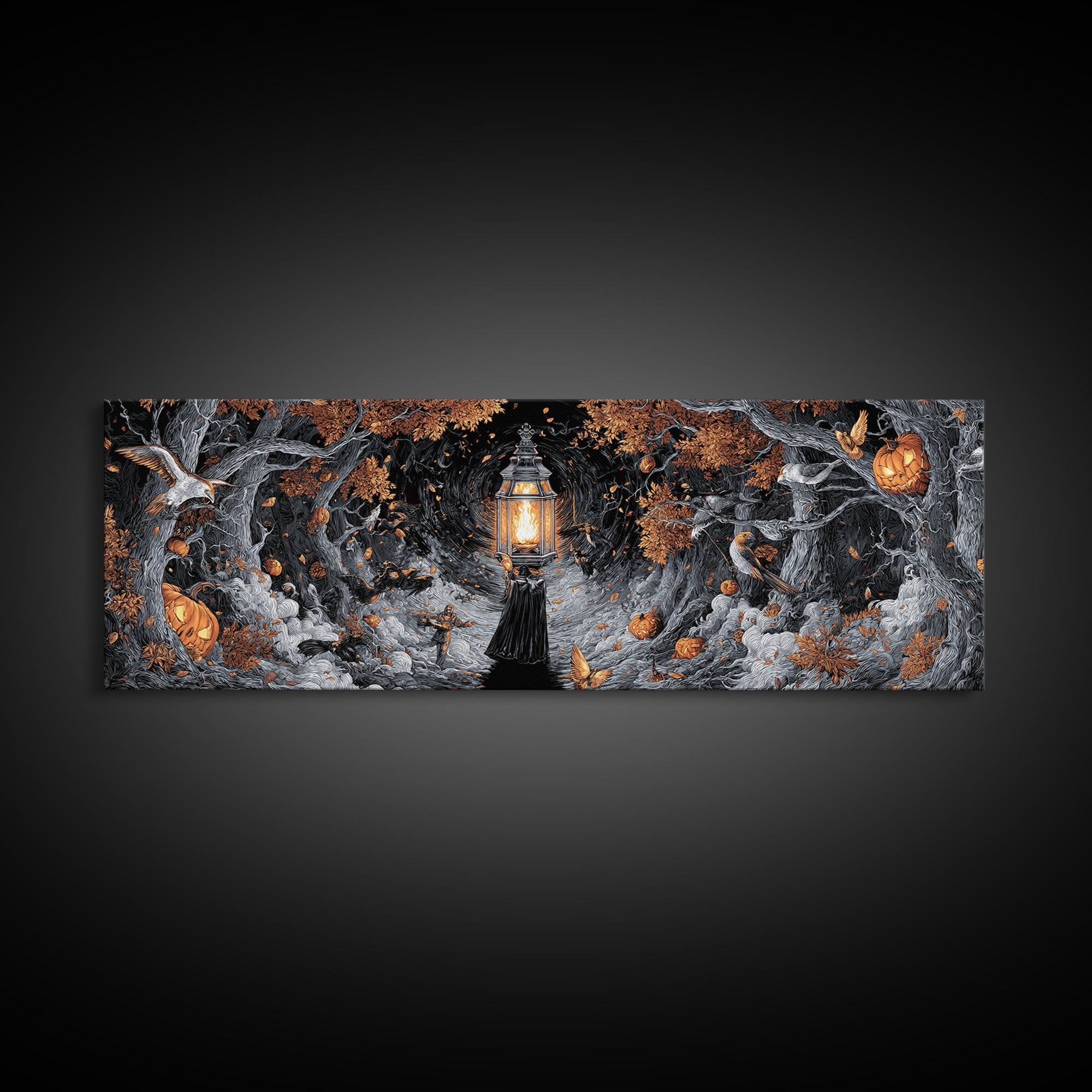 The Lantern Specter, Extra Wide Wall Art, Gothic Horror Wall Art, Framed Canvas Print, Halloween Wall Decor, Gothic Home Decor