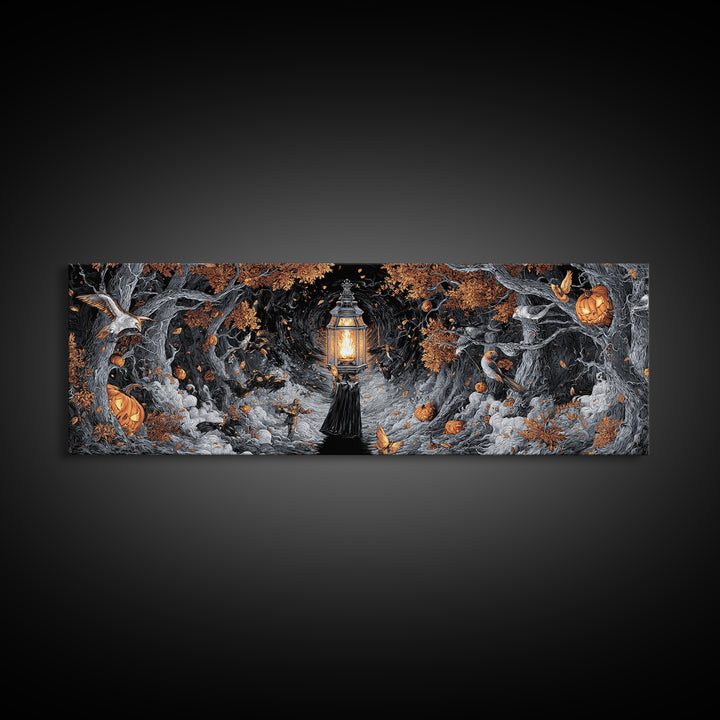 The Lantern Specter, Extra Wide Wall Art, Gothic Horror Wall Art, Framed Canvas Print, Halloween Wall Decor, Gothic Home Decor